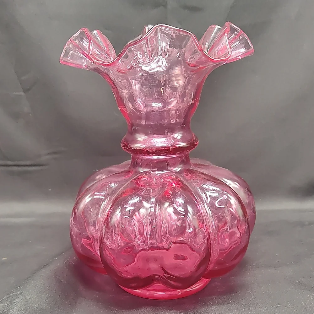 Fenton Cranberry Double Optic Crimped Vase